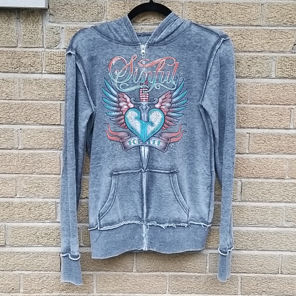Sinful Rhinestone Angel Wing Zip Up Hoodie